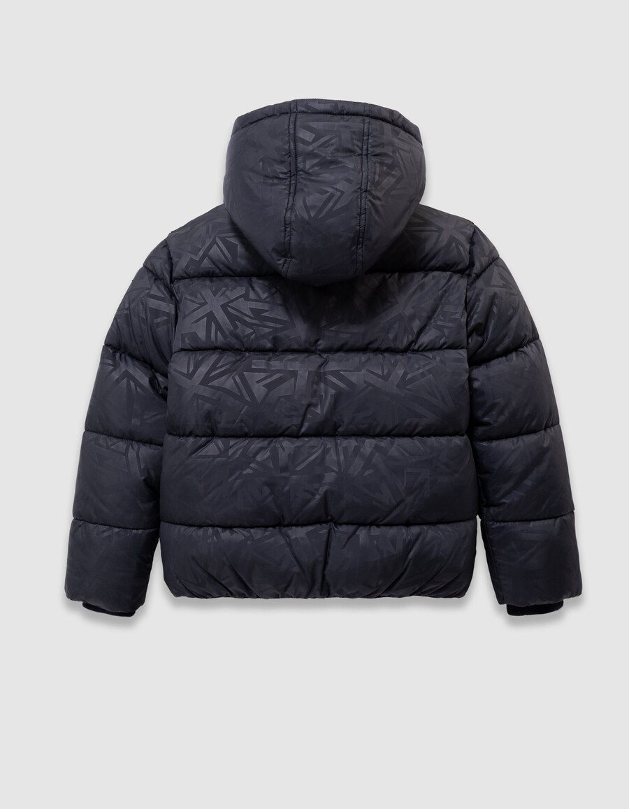 marineblaue steppjacke für jungen mit kapuze und gefüttertem fellmuster
