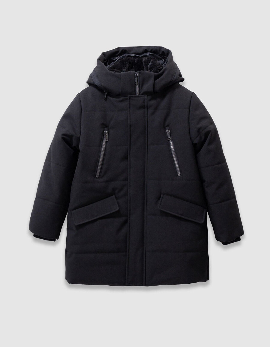 schwarzer gesteppter parka mit kapuze und reißverschluss für jungen