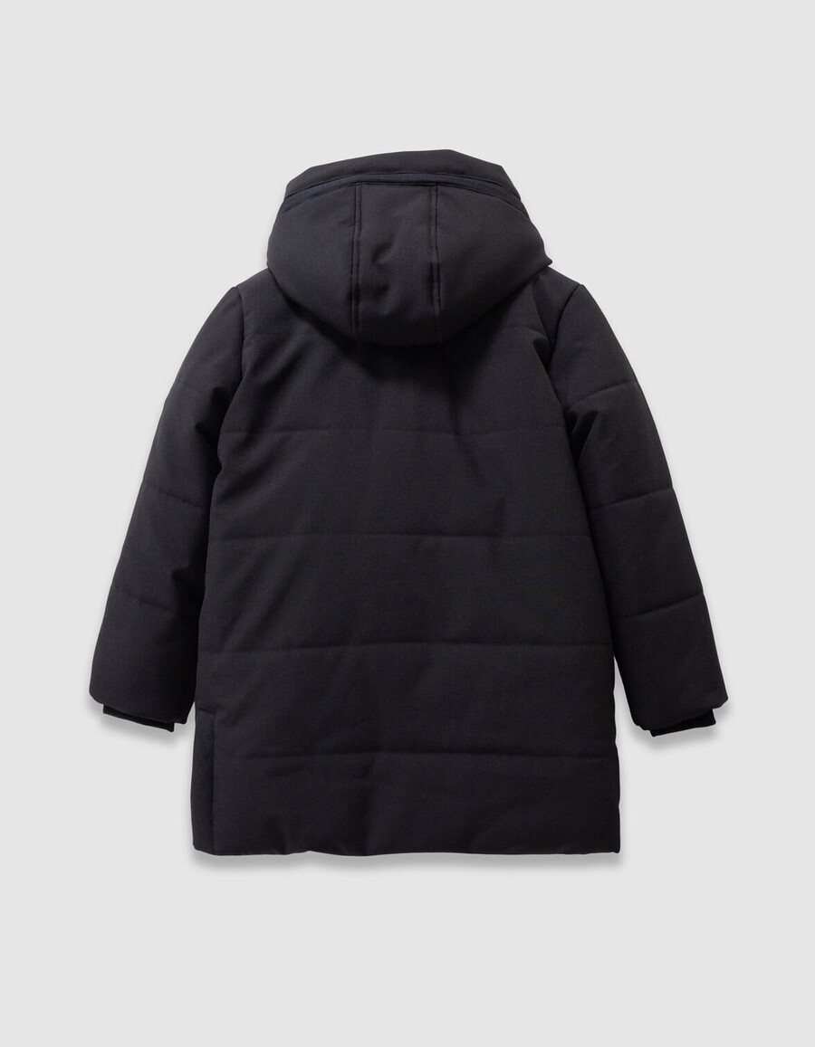 schwarzer gesteppter parka mit kapuze und reißverschluss für jungen