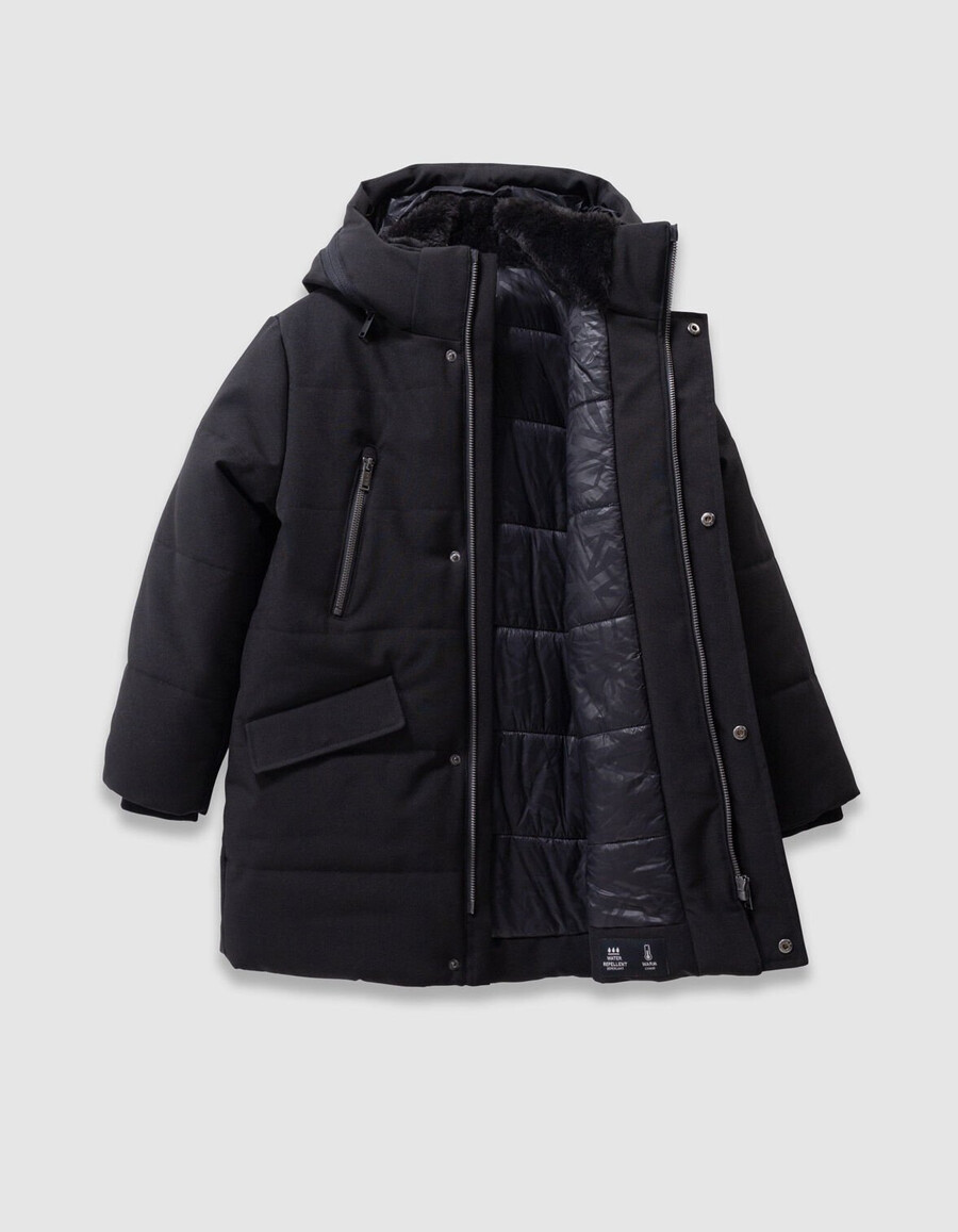schwarzer gesteppter parka mit kapuze und reißverschluss für jungen