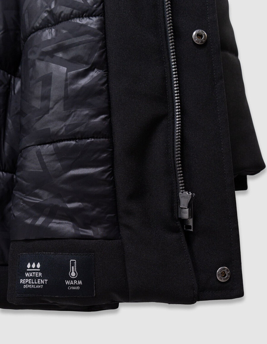 schwarzer gesteppter parka mit kapuze und reißverschluss für jungen