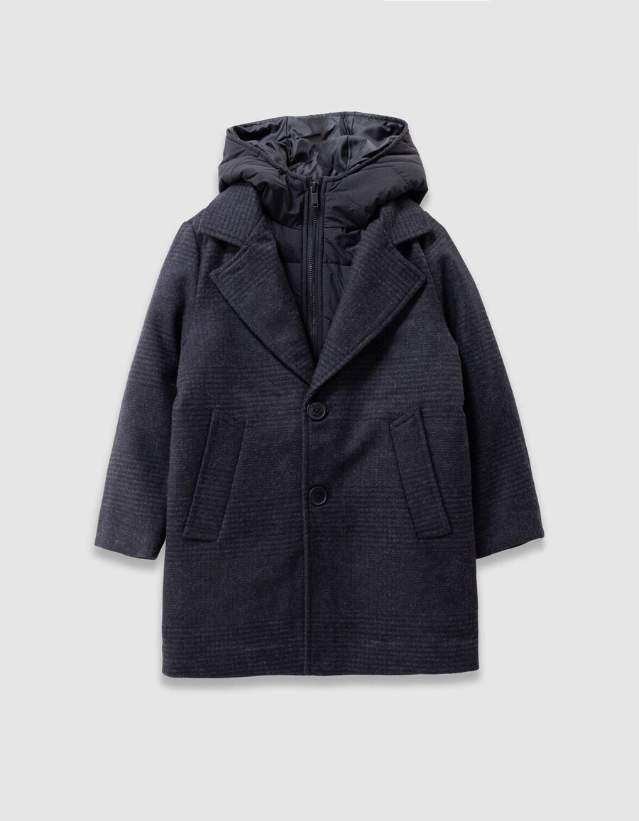 jungen-marineblauer karomantel mit kapuze