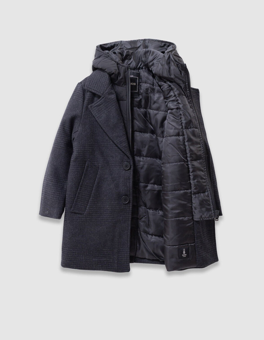 jungen-marineblauer karomantel mit kapuze