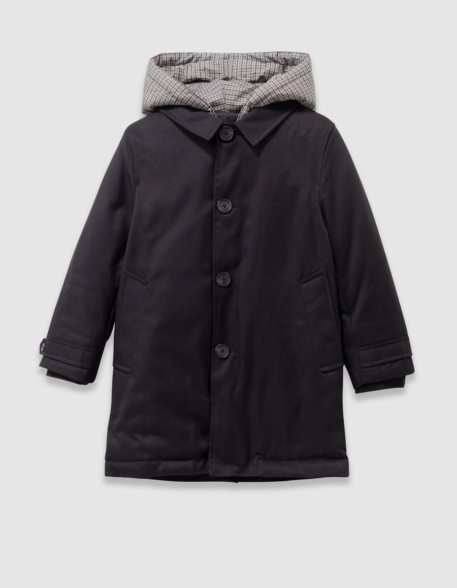 schwarzer trenchcoat für jungen mit karierter kapuze