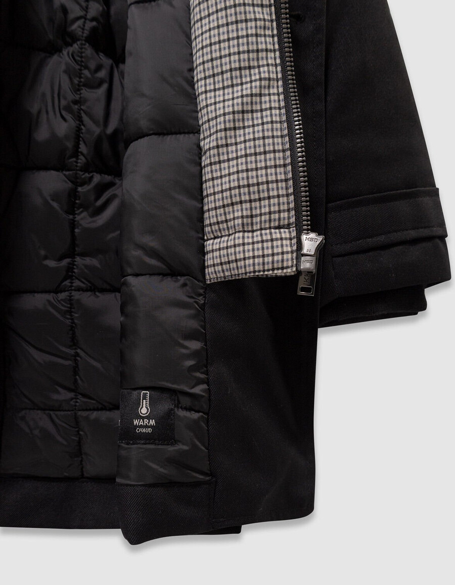 schwarzer trenchcoat für jungen mit karierter kapuze