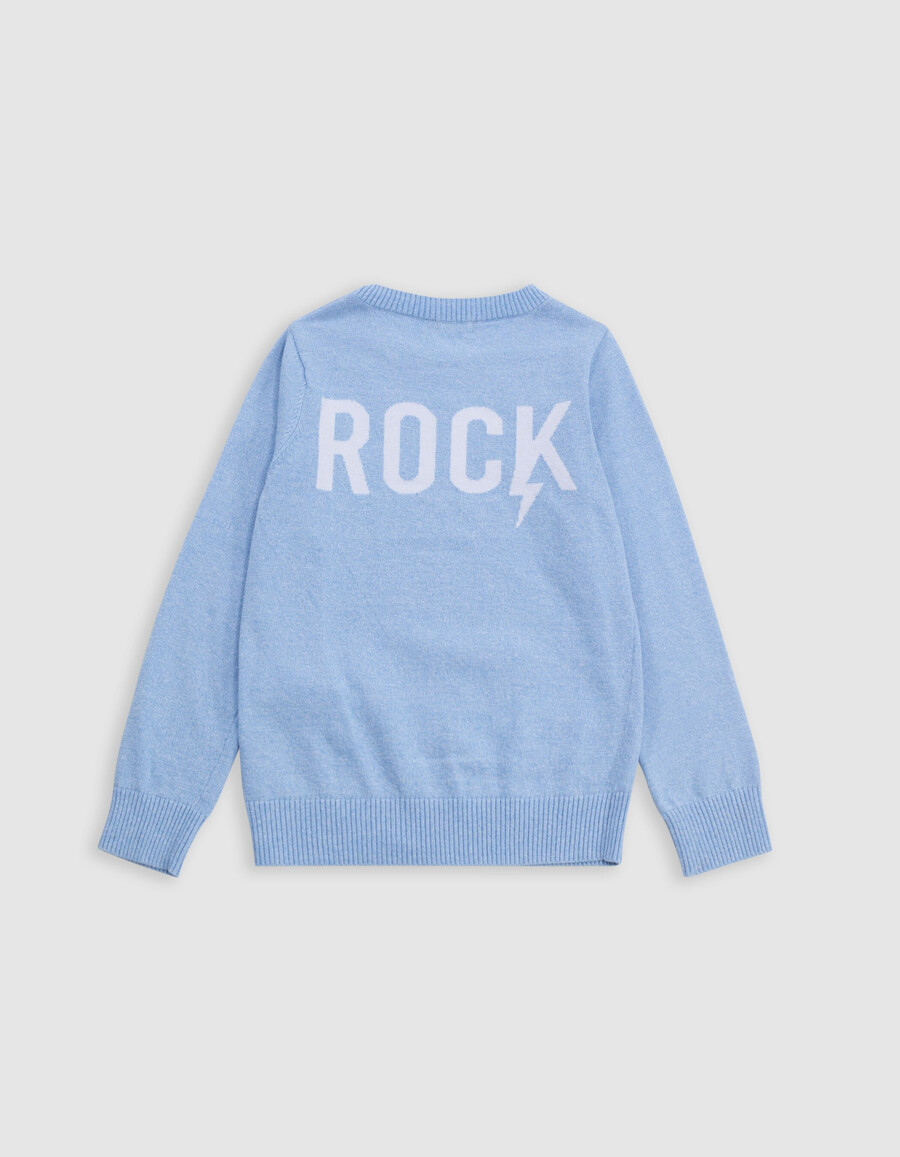 blauer strickpullover mit jacquard-muster und rückenausschnitt für jungen