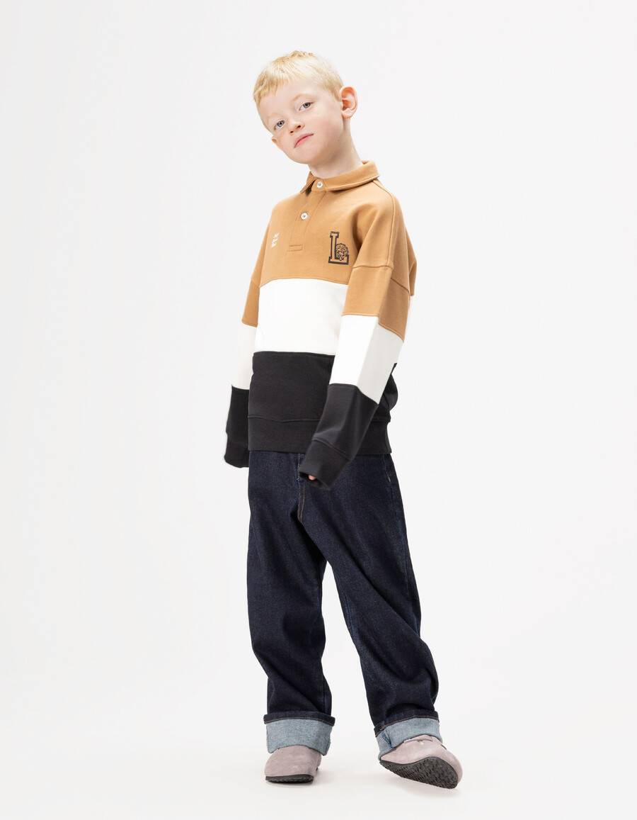 polo-sweatshirt für jungen aus bio-baumwolle in kamelecrumarineblau