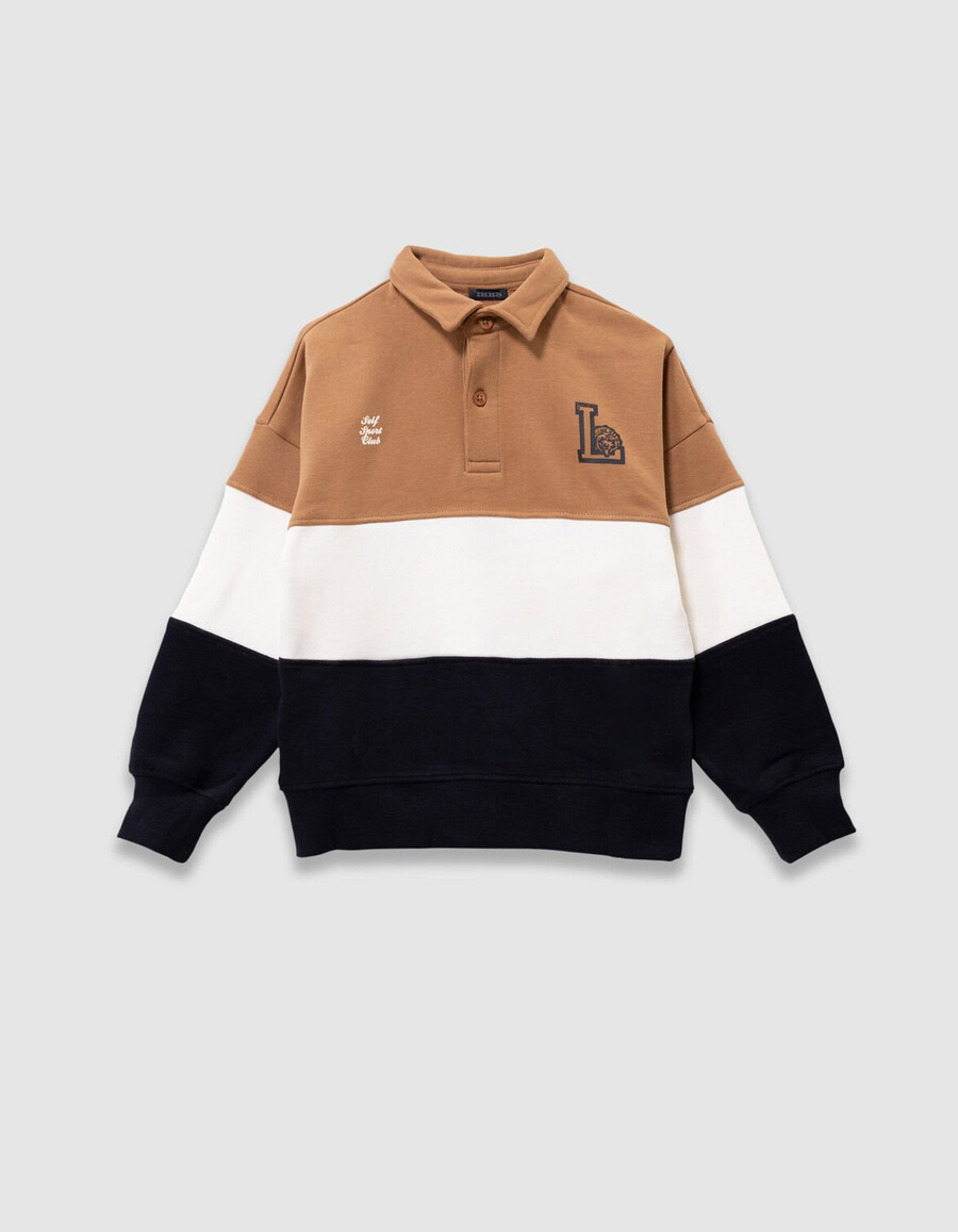 polo-sweatshirt für jungen aus bio-baumwolle in kamelecrumarineblau