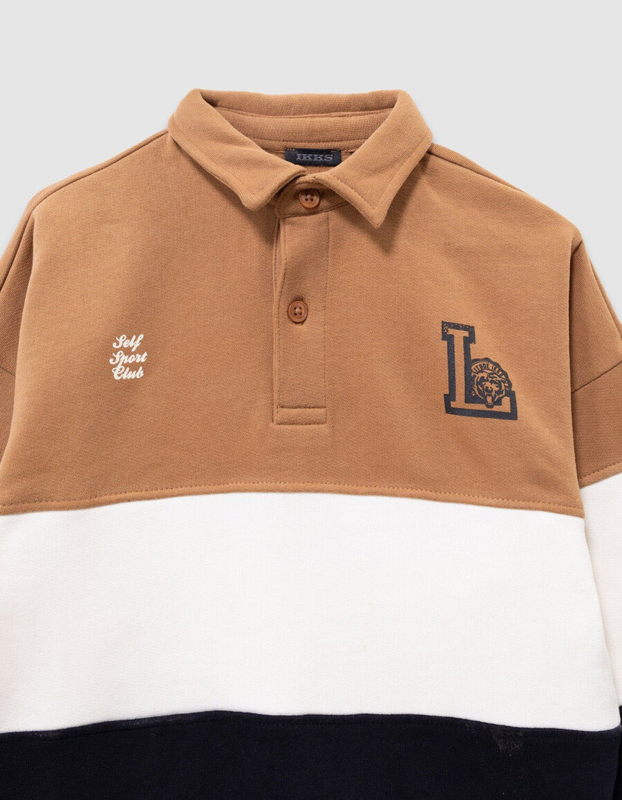polo-sweatshirt für jungen aus bio-baumwolle in kamelecrumarineblau