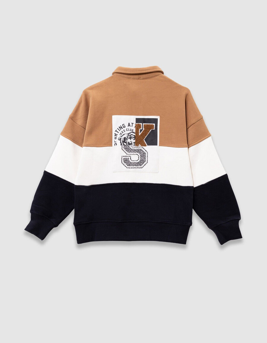 polo-sweatshirt für jungen aus bio-baumwolle in kamelecrumarineblau