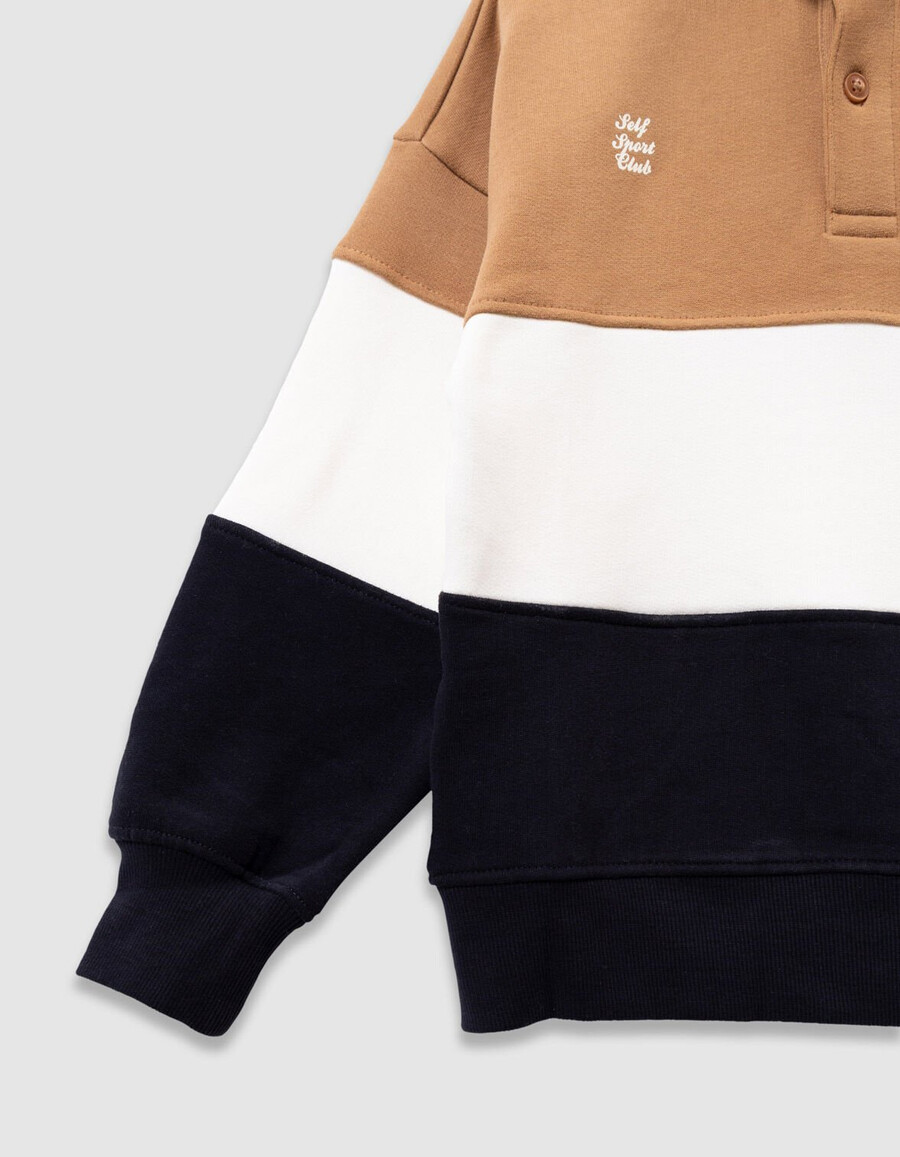 polo-sweatshirt für jungen aus bio-baumwolle in kamelecrumarineblau