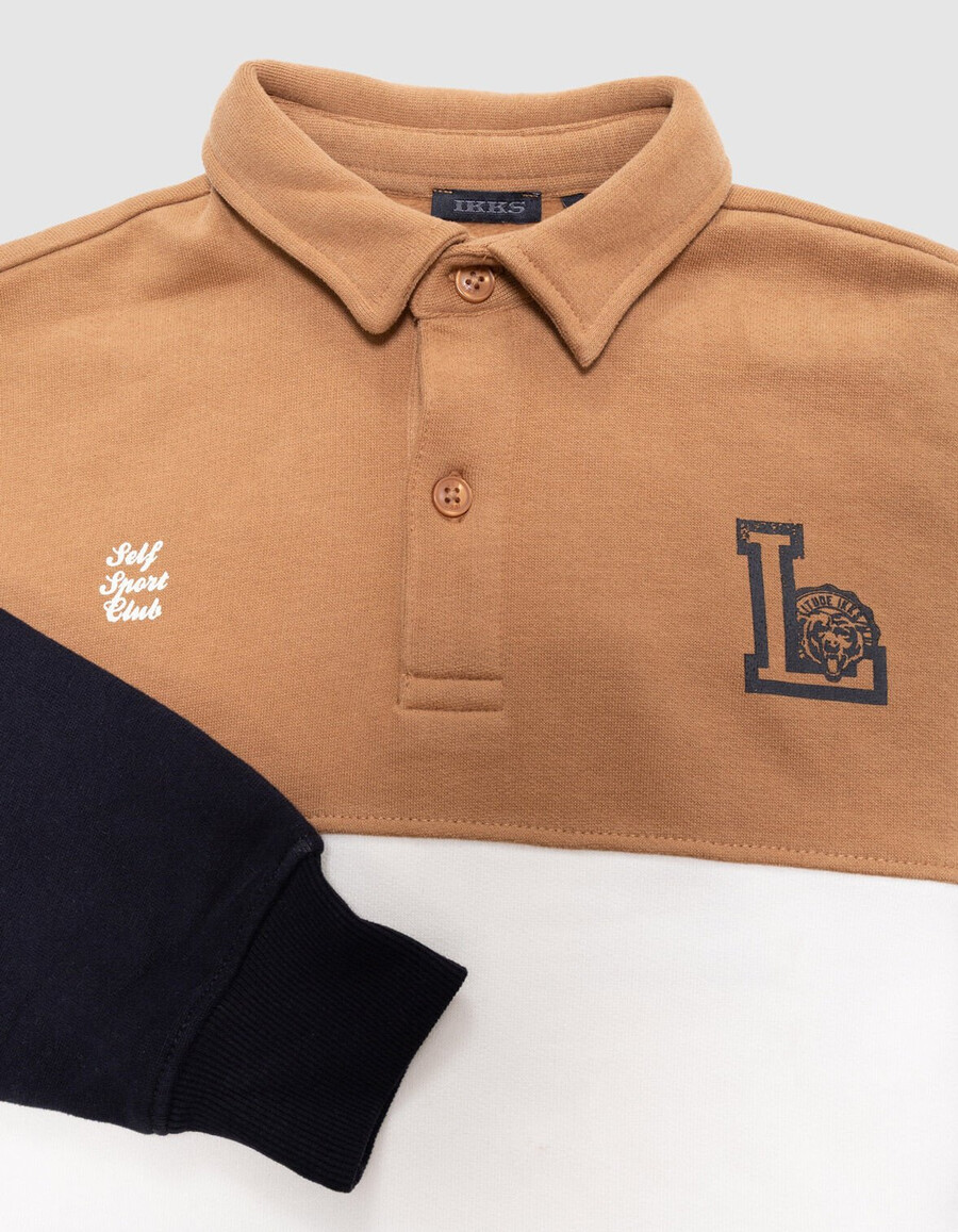 polo-sweatshirt für jungen aus bio-baumwolle in kamelecrumarineblau