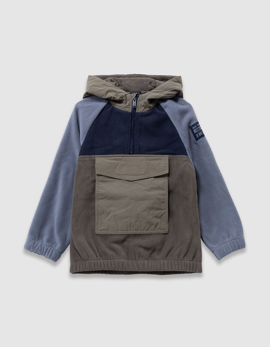jungen-fleece-hoodie in khaki und blau