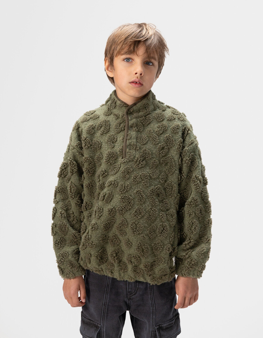 khakifarbenes leoparden-sherpa-jacquard-sweatshirt für jungen