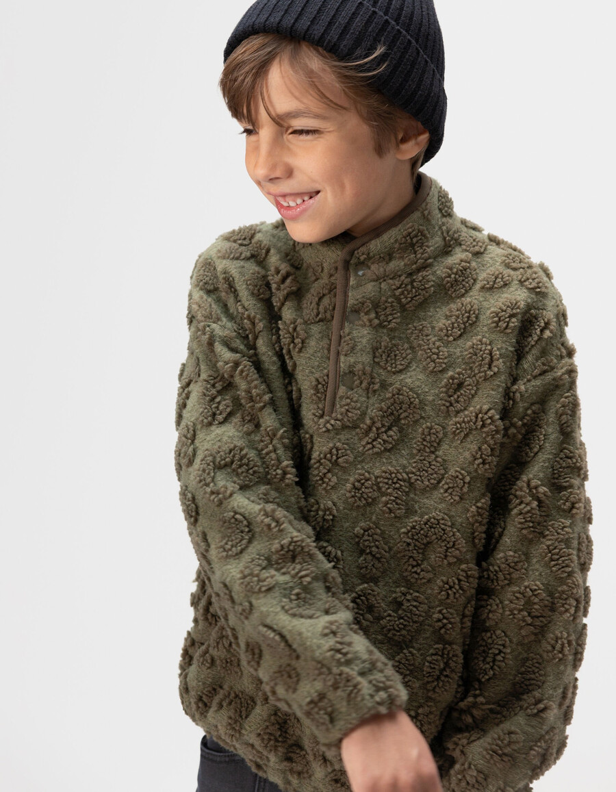 khakifarbenes leoparden-sherpa-jacquard-sweatshirt für jungen