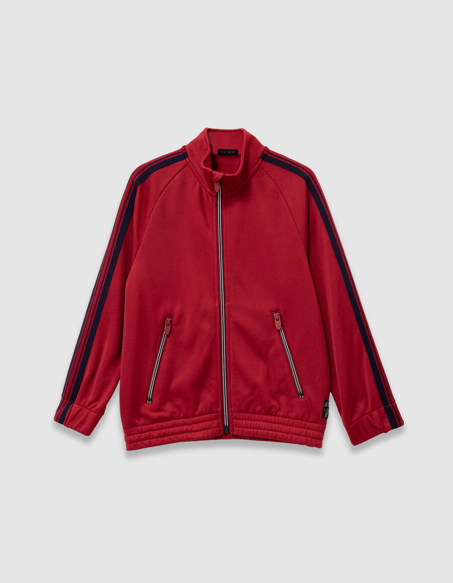 rote strickjacke mit reißverschluss und marineblauen streifen für jungen