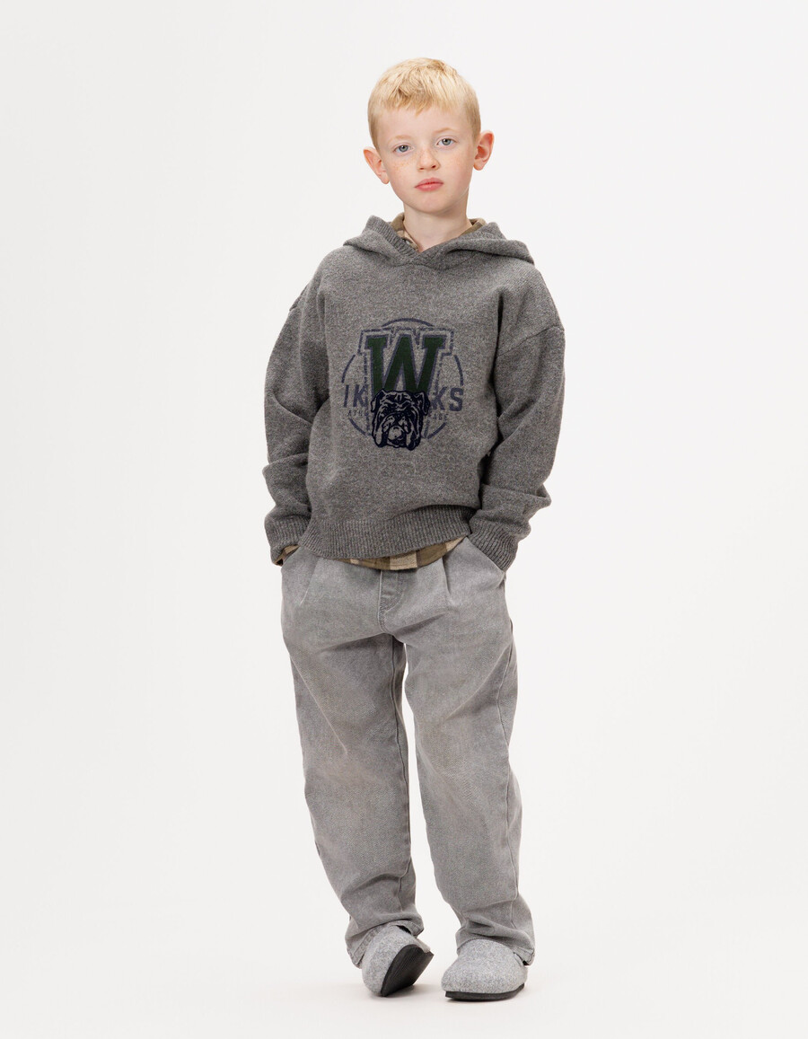 grauer strickhoodie für jungen mit hundemotiv