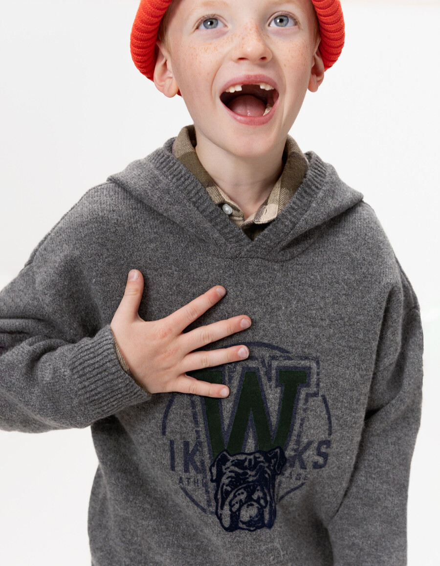 grauer strickhoodie für jungen mit hundemotiv