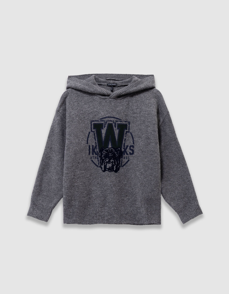 grauer strickhoodie für jungen mit hundemotiv