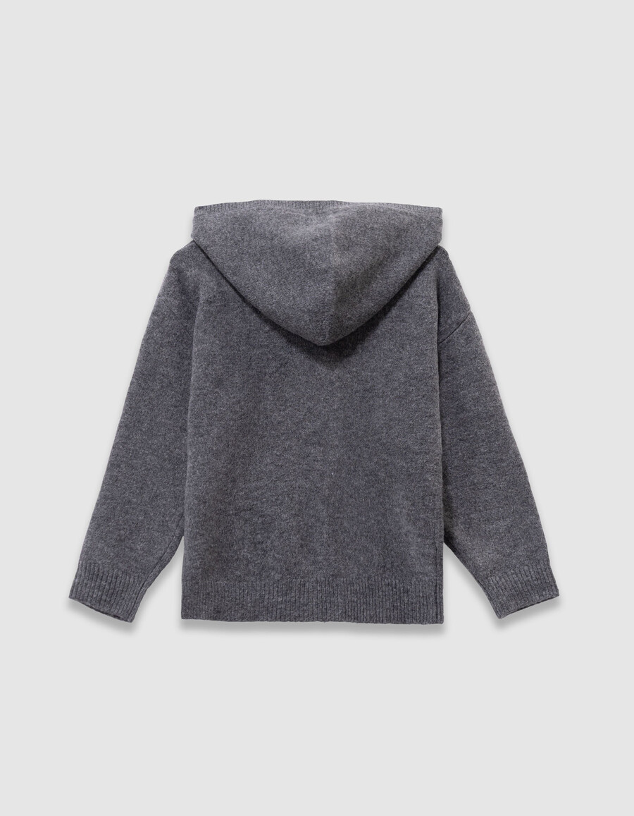 grauer strickhoodie für jungen mit hundemotiv