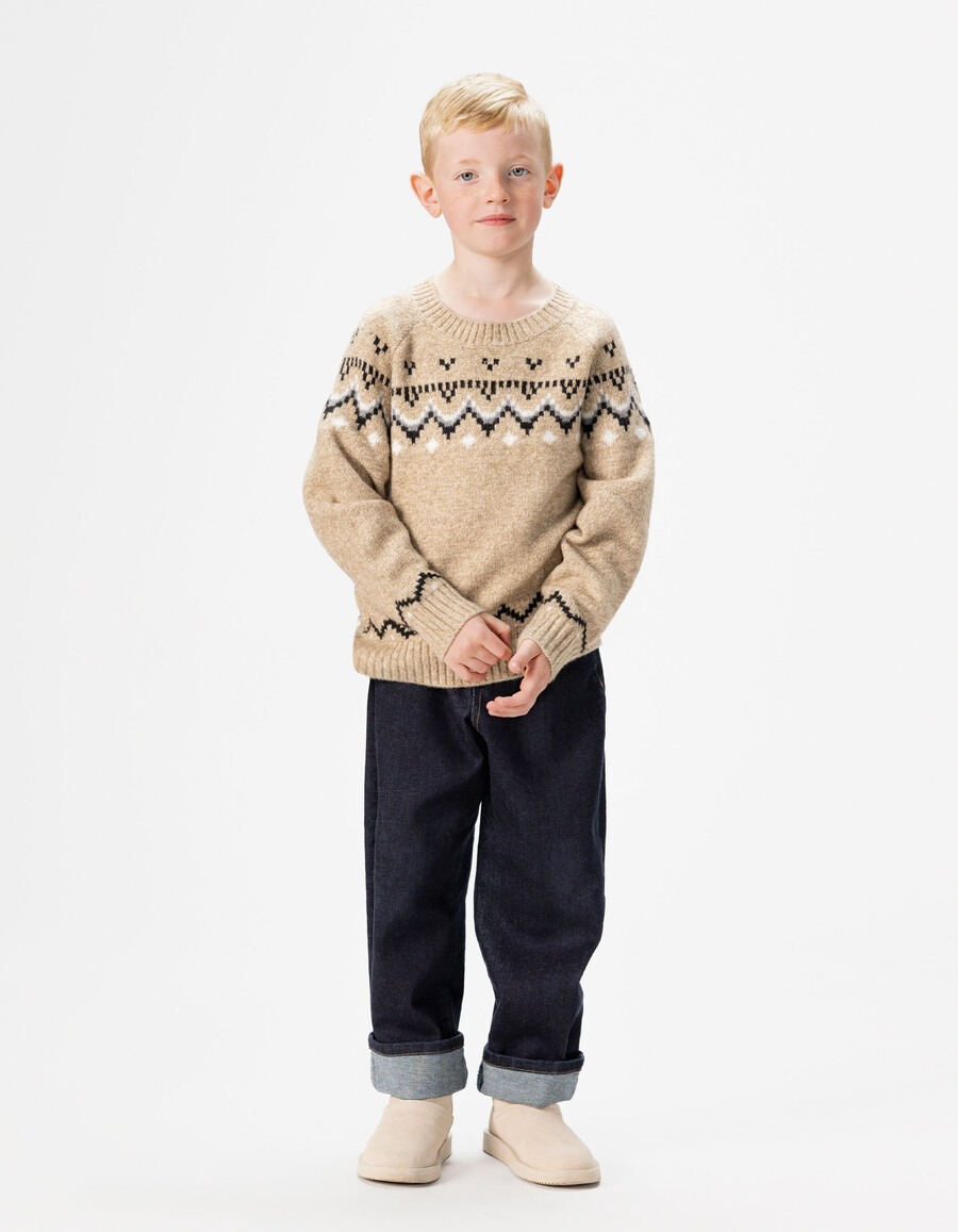 beige jacquard-strickpullover für jungen winterpullover
