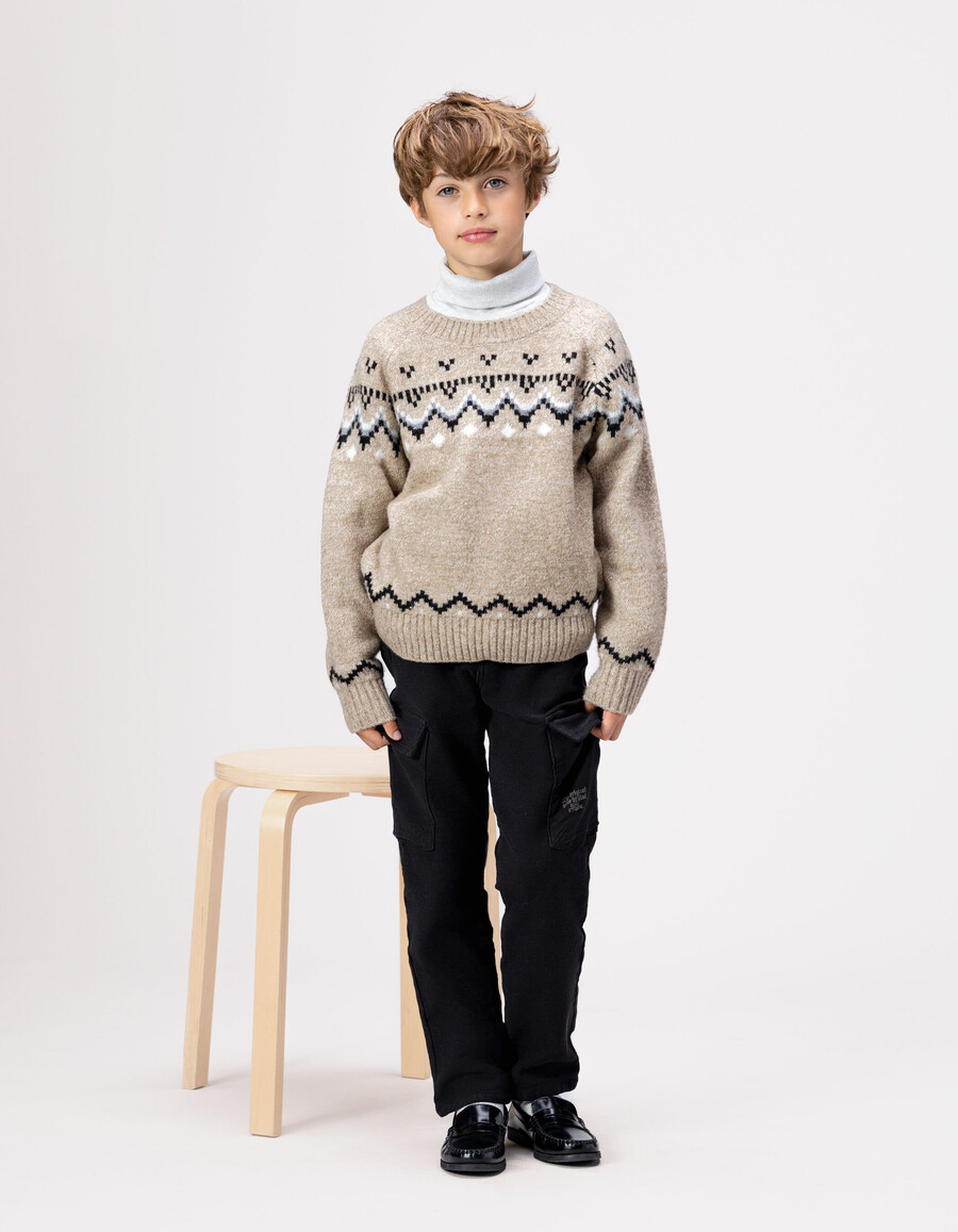 beige jacquard-strickpullover für jungen winterpullover