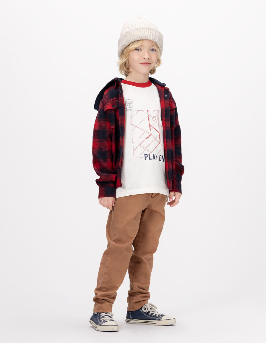jungen-overshirt mit marineblauemrotem karomuster und abnehmbarer kapuze
