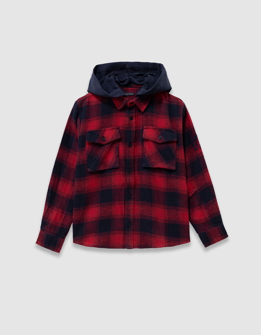 jungen-overshirt mit marineblauemrotem karomuster und abnehmbarer kapuze