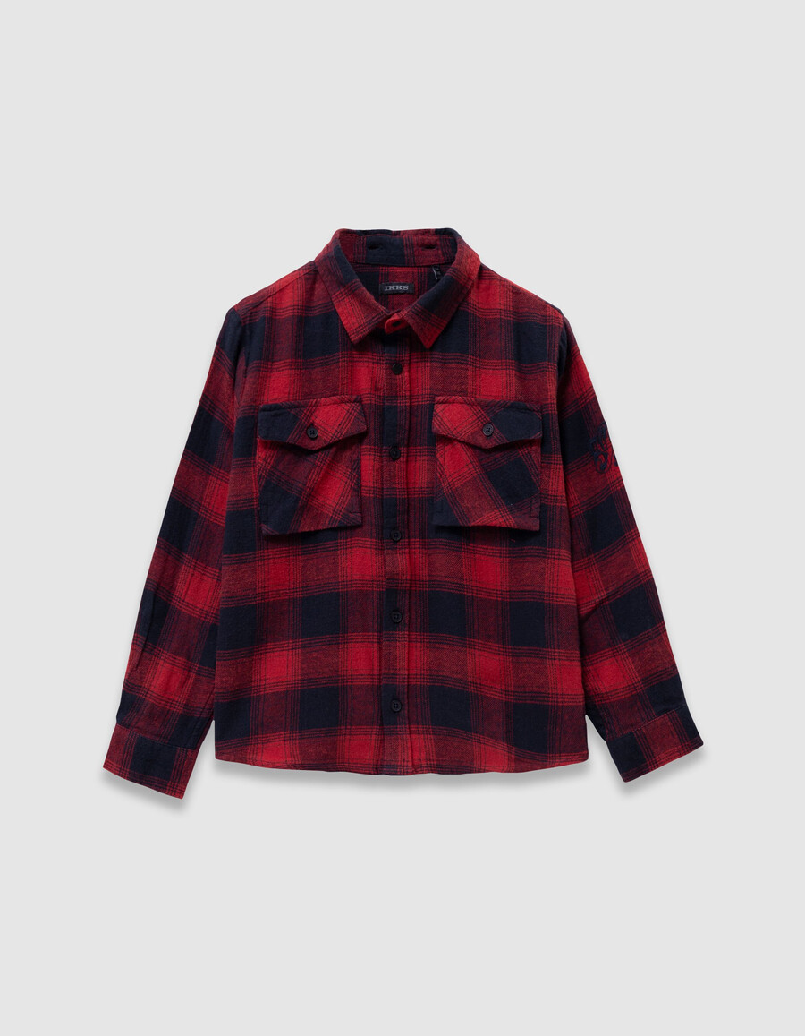 jungen-overshirt mit marineblauemrotem karomuster und abnehmbarer kapuze