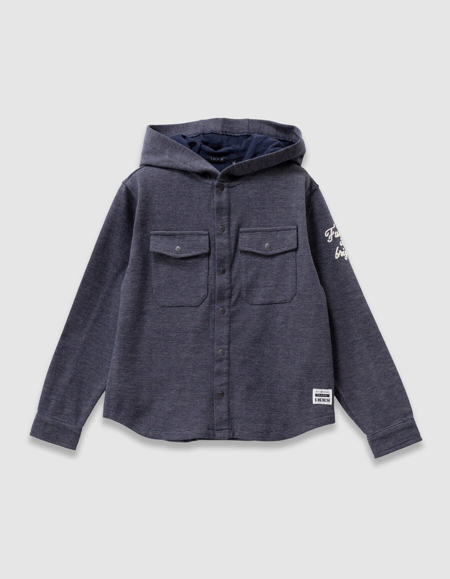 marineblauer dekorativer strickpullover mit kapuze für jungen