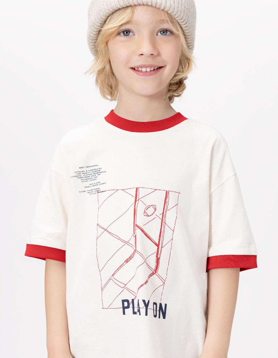 weißes t-shirt aus bio-baumwolle für jungen mit rotem rippstrick