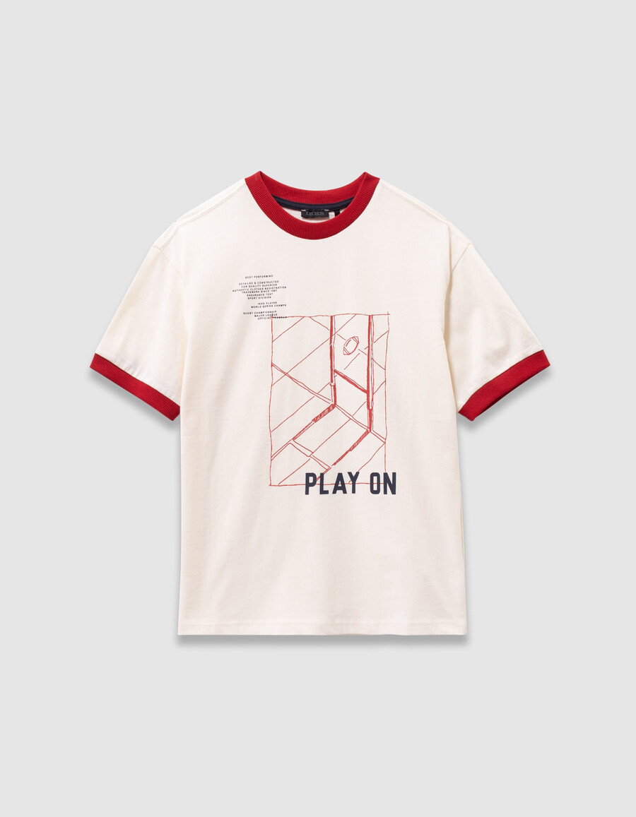 weißes t-shirt aus bio-baumwolle für jungen mit rotem rippstrick