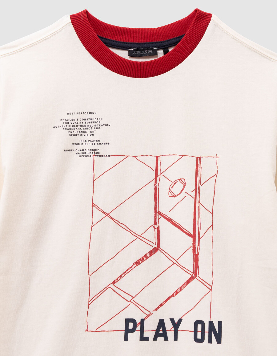 weißes t-shirt aus bio-baumwolle für jungen mit rotem rippstrick