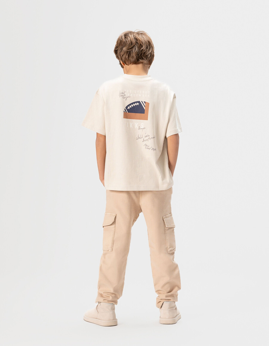 beiges bio-baumwoll-t-shirt für jungen mit tasche größe xl rückseite bedruckt