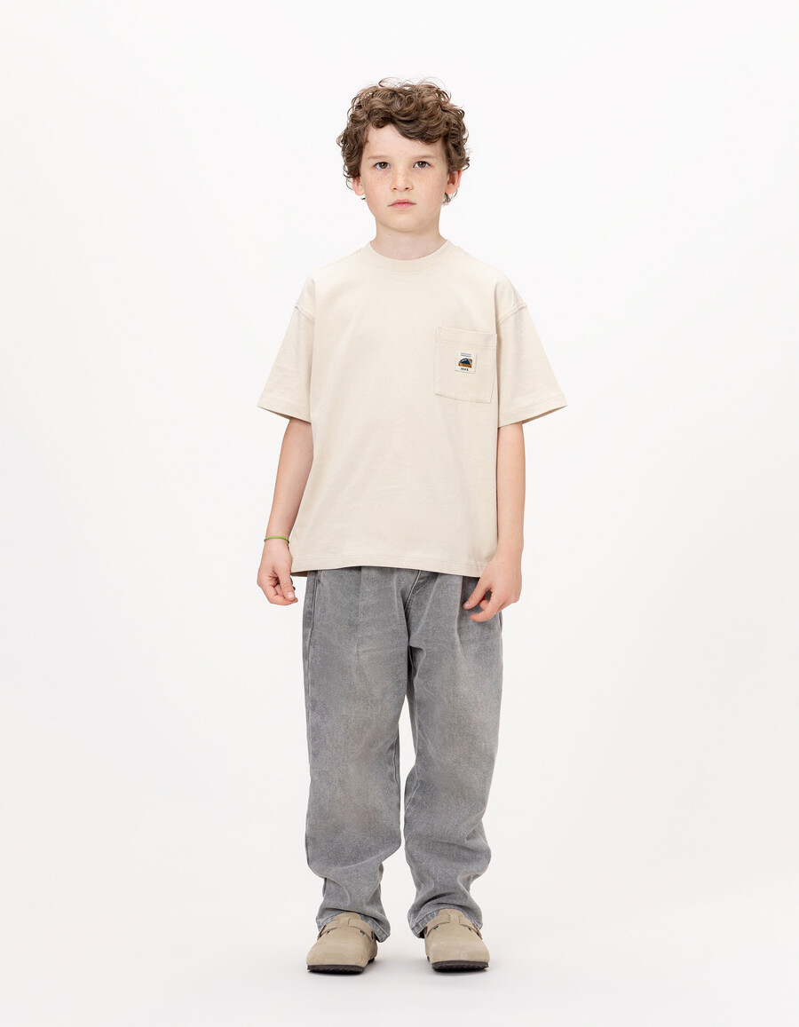beiges bio-baumwoll-t-shirt für jungen mit tasche größe xl rückseite bedruckt