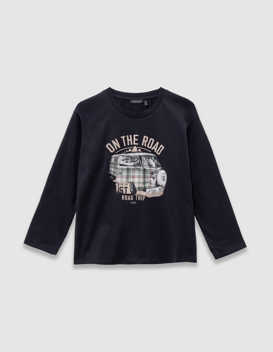schwarzes t-shirt für jungen aus bio-baumwolle mit aufgedrucktem van-motiv