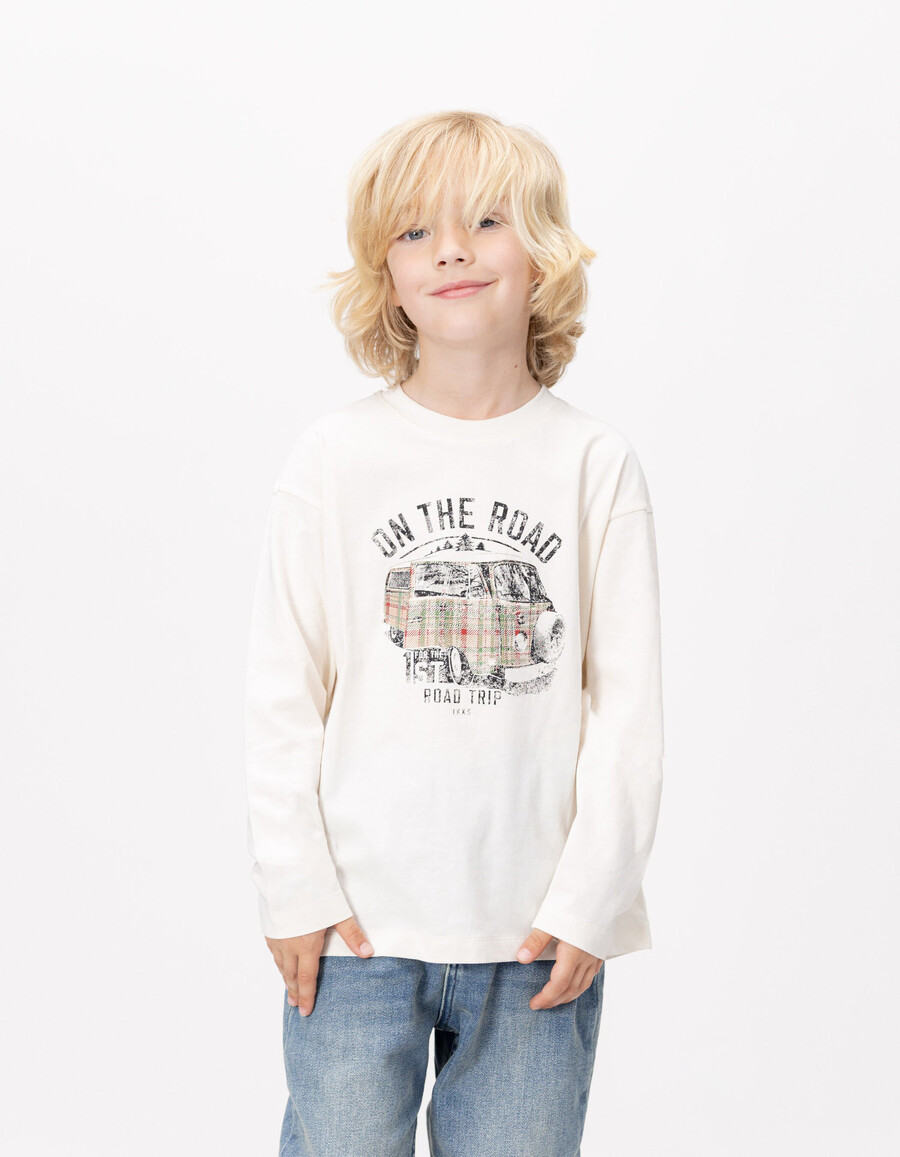 weißes t-shirt aus bio-baumwolle für jungen mit aufgedrucktem van-motiv