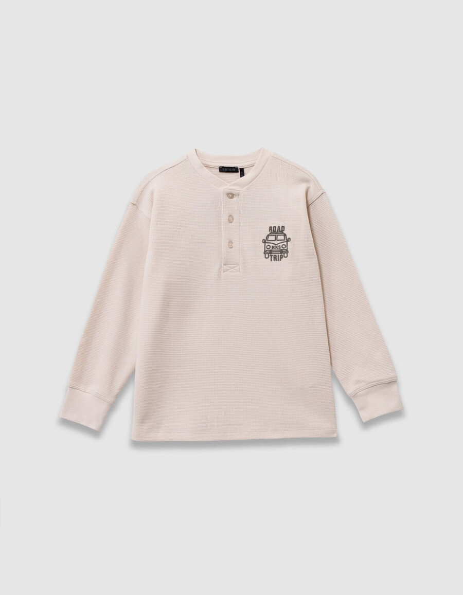 weißes waffelpiqué-t-shirt für jungen mit stickerei vorne und hinten