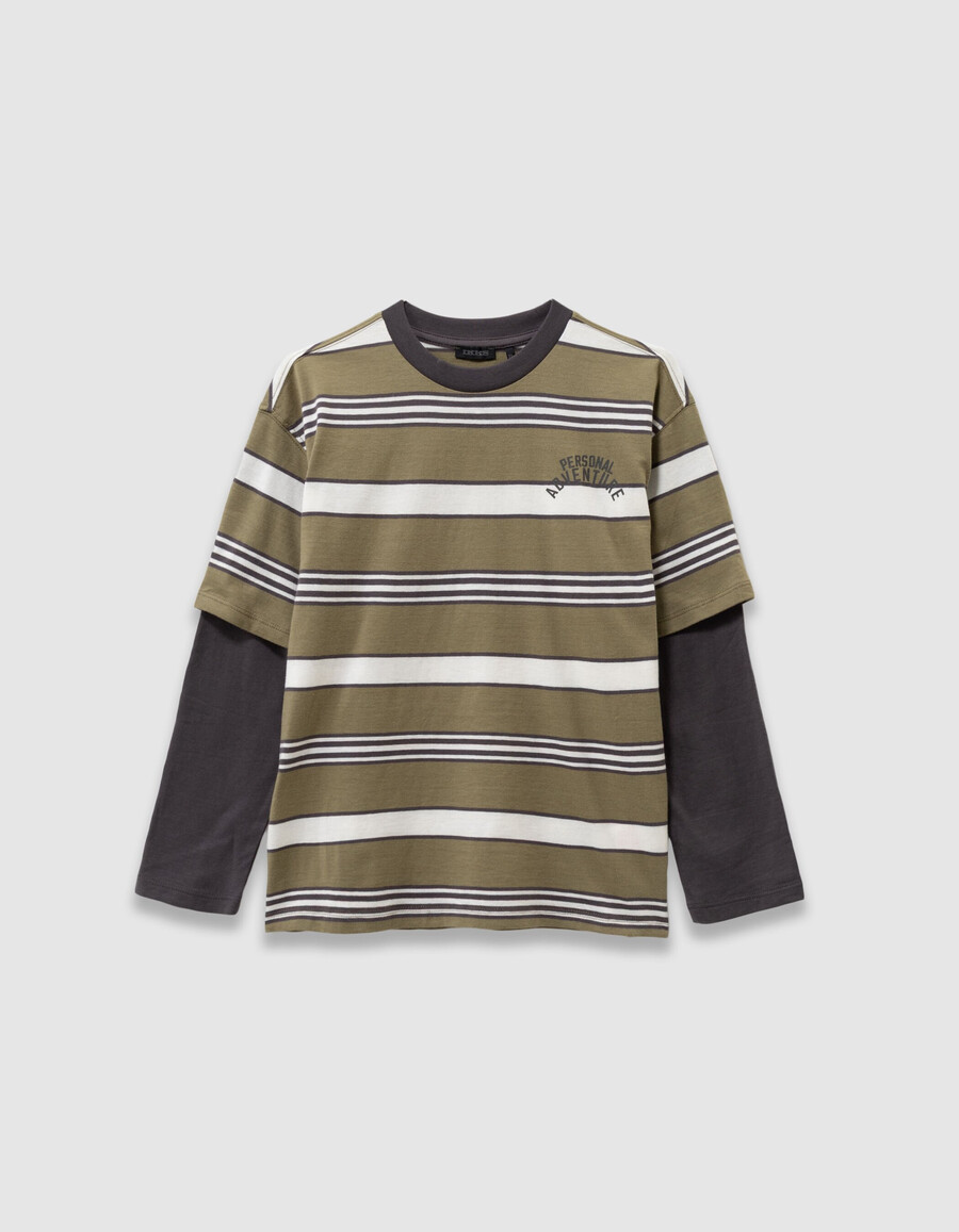 graues jungen-t-shirt aus bio-baumwolle mit trompe-lœil-muster und ärmeln