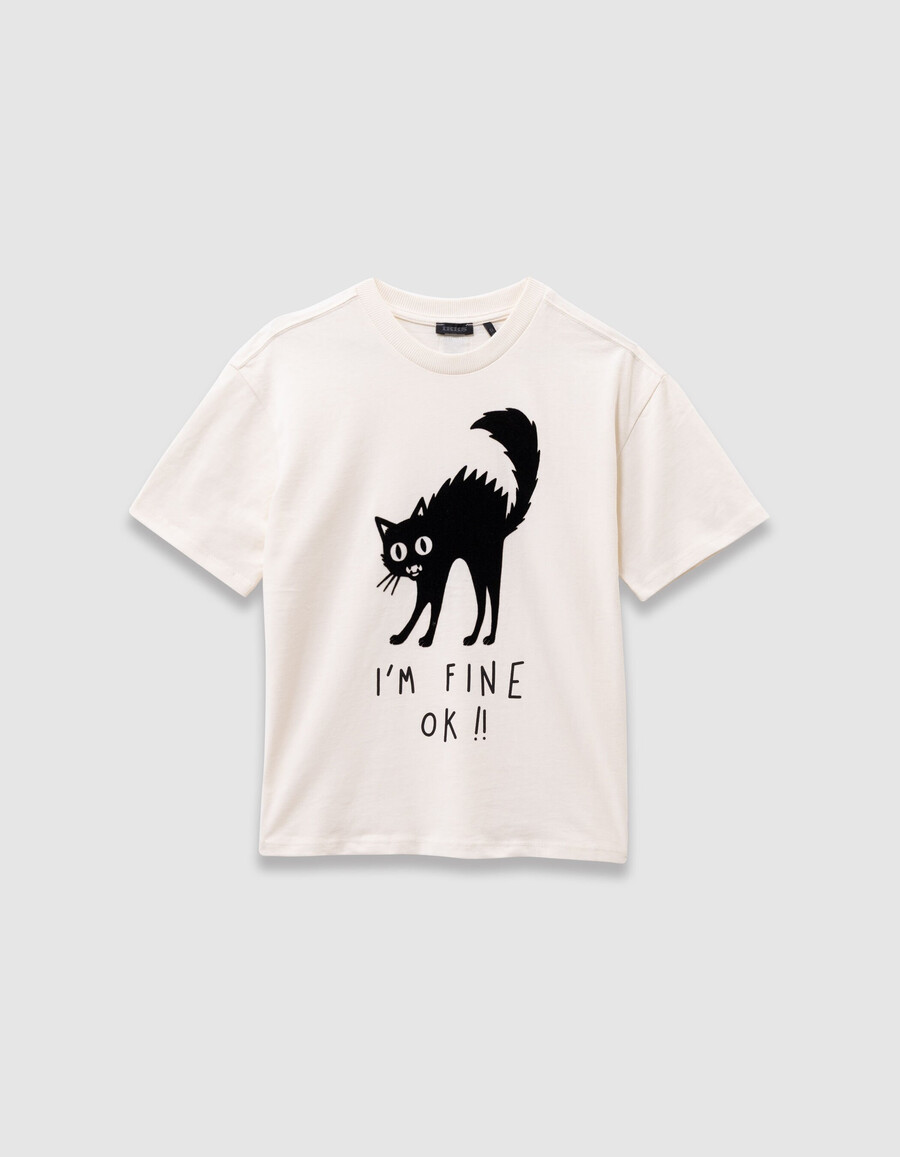 weißes jungen-t-shirt mit beflocktem samt-katzenmotiv