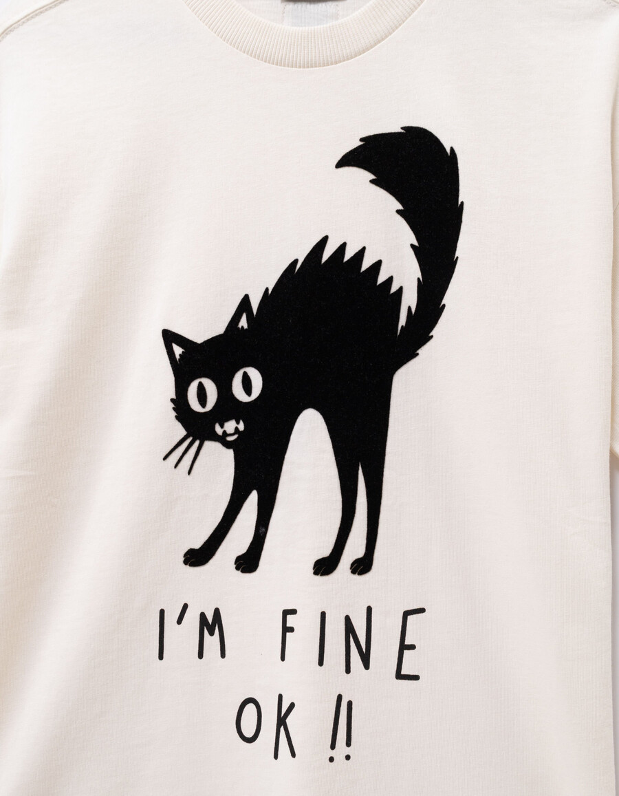 weißes jungen-t-shirt mit beflocktem samt-katzenmotiv