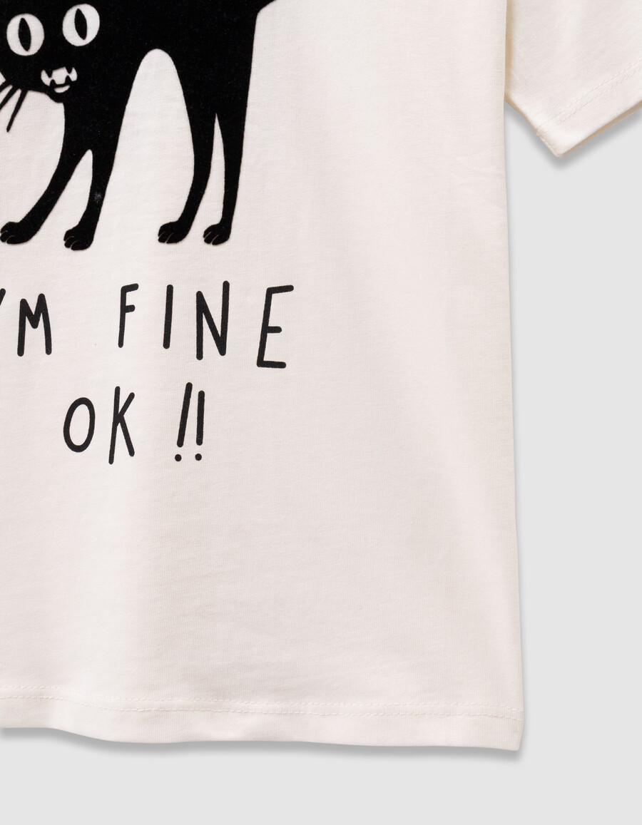 weißes jungen-t-shirt mit beflocktem samt-katzenmotiv