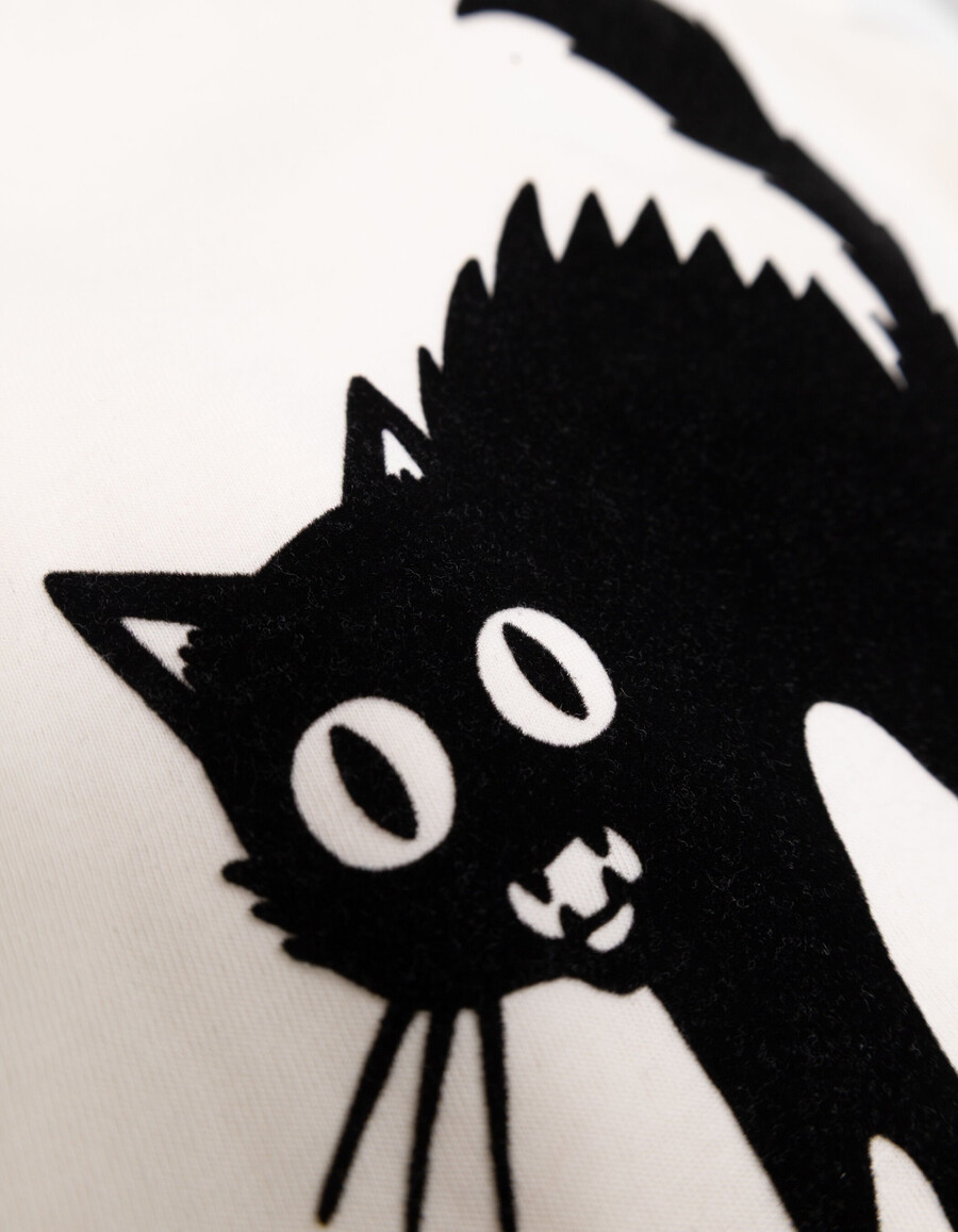 weißes jungen-t-shirt mit beflocktem samt-katzenmotiv
