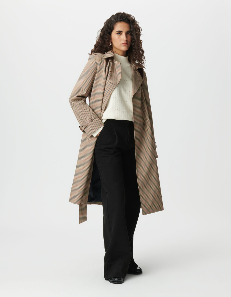 damen-trenchcoat in kamelhaar mit hahnentrittmuster