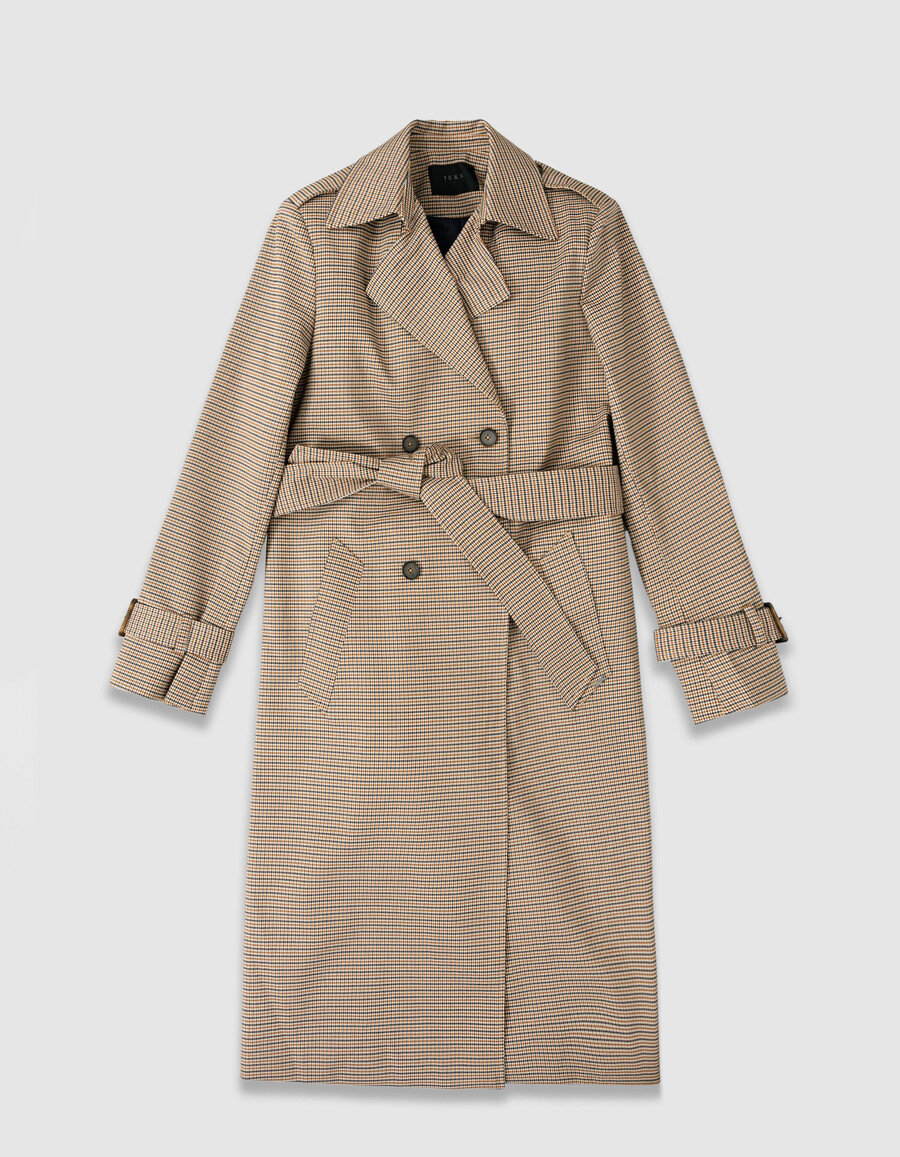 damen-trenchcoat in kamelhaar mit hahnentrittmuster