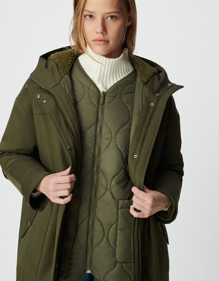 damen-parka und wendbare steppjacke in khaki 3-in-1