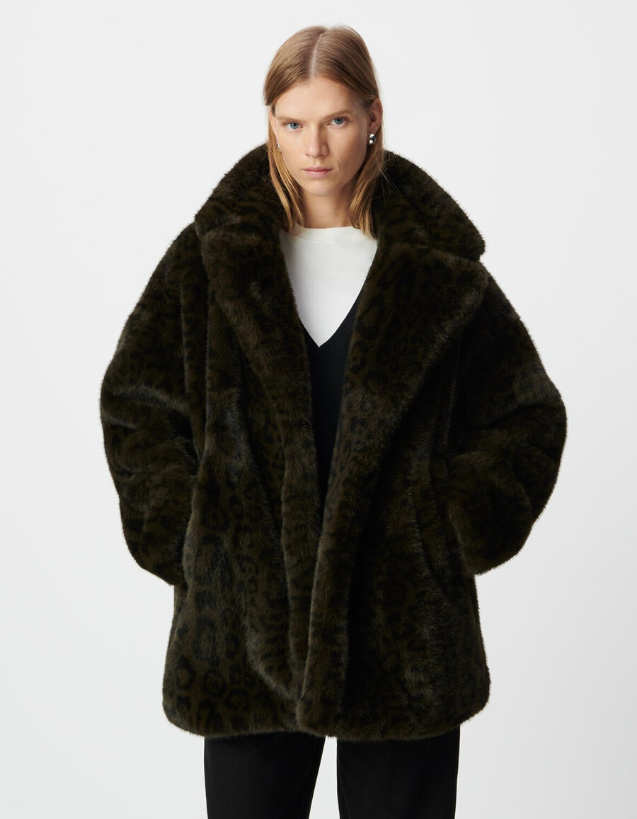 damen-oversize-mantel mit leopardenmuster in khaki