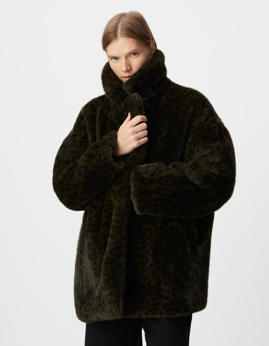 damen-oversize-mantel mit leopardenmuster in khaki