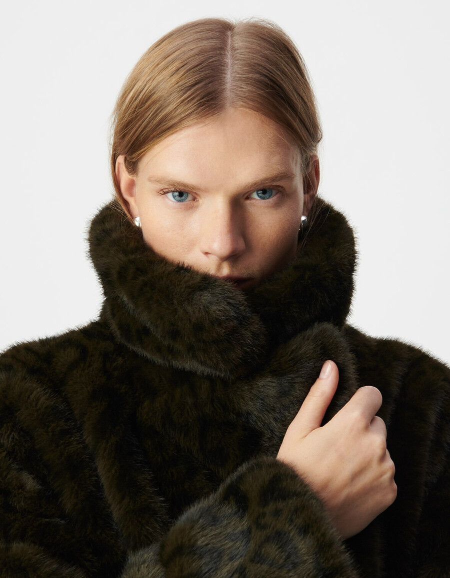 damen-oversize-mantel mit leopardenmuster in khaki