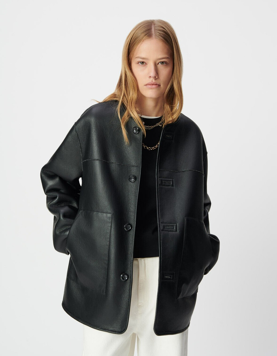 schwarzer und ecrufarbener sherpa-wendemantel für damen